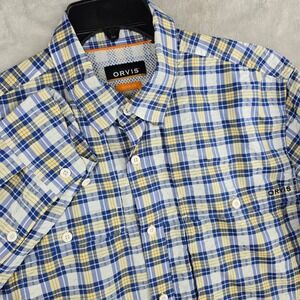 Orvis Active Fit Plaid Button Down Shirt Mens Medium Blue Yellow